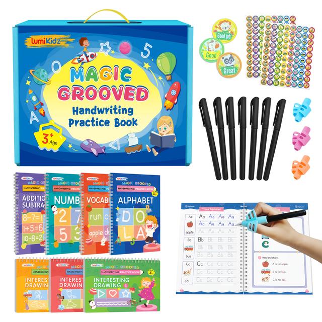 TEMU Magic Grooved Writing Practice, Reusable Grooved Handwriting Workbooks, Large Writing Workbooks, Kindergarten Workbooks, Writing Workbooks For Children Aged 3-8, 10.24 * 7.29in (+pens)