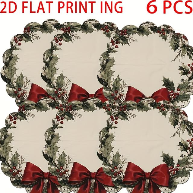 TEMU 6pcs Vintage Floral Wreath Design Round Placemats With Notes And Red Bows, 13.78*13.78 Inches Non-slip Hand Washable Polyester Table Mats, Suitable For Christmas