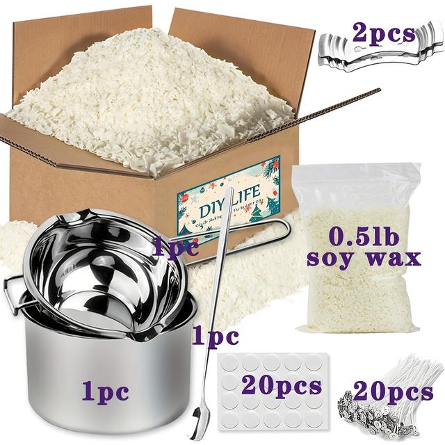 TEMU Zestaw do robienia świec z 46 elementami, zawierający garnek do napełniania, wosk sojowy, naklejki na knoty, knoty do świec i uchwyty na knoty