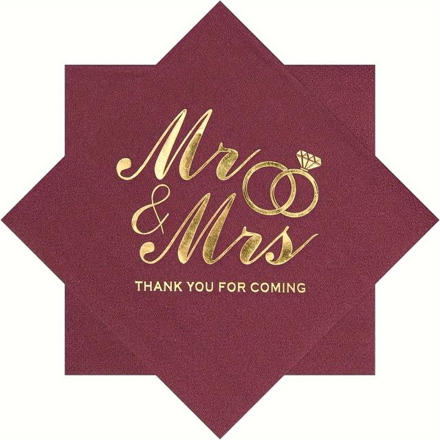 TEMU 100pcs Set Of 3-ply Cocktail Napkins, Mr.&mrs. Red And Golden Disposable Napkins, Diamond Ring Light Luxury Elegant Wedding Napkins, Wedding Reception Decoration Beverage Napkins (12.5 X 12.5cm)
