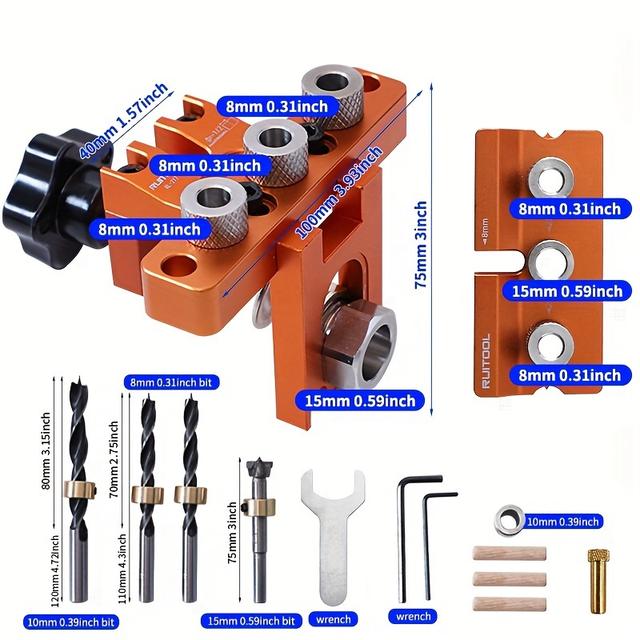 TEMU Selbstzentrierende Bohrhalter-Set für geradlinige Bohrungen, inklusive 8/10/15mm-Bits, vielseitiger, verstellbarer Locator für die Holzbearbeitung