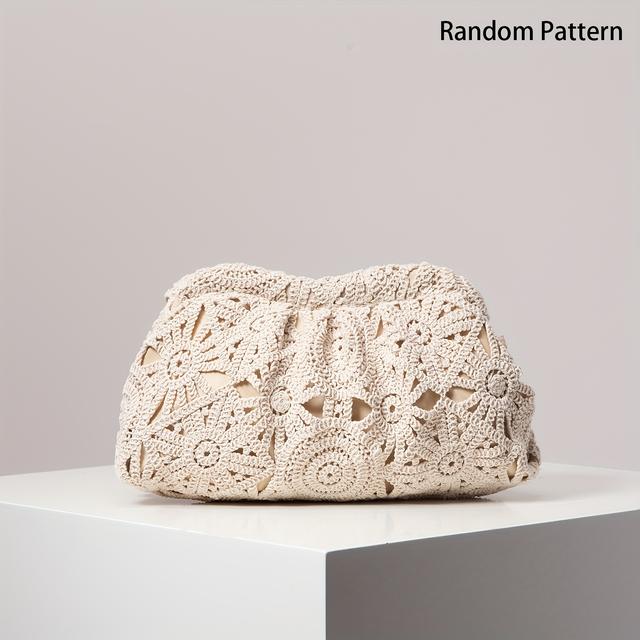 TEMU Bohemian Crochet Clutch Bag, Hollow-out Geometric Pattern, Polyester Lining, , Holiday Theme, Buckle Closure, Versatile Accessory For Party & Beach - Guangzhou (pattern )