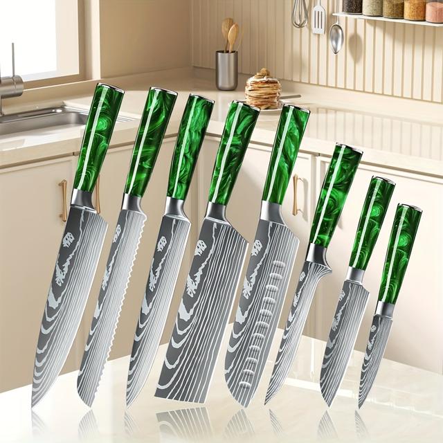 TEMU 5/8/10pcs Kitchen Knife Set, High Carbon Steel Kitchen Knives, Rustproof And Durable, Dishwasher Safe, With Green Resin Handles, Gift Box Packaging And Nylon Bag Packaging, Suitable For Kitchen