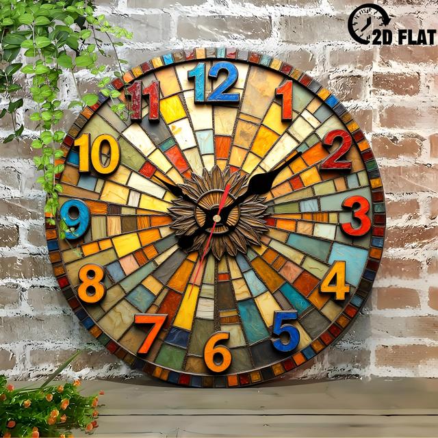 TEMU 1pc Modern Mosaic Wall Clock - 10-inch Silent Quartz Movement, Round Clock Suitable For Living Room, Bedroom, Kitchen Decor - Elegant Housewarming Gift (no Battery Included), 2d Flat