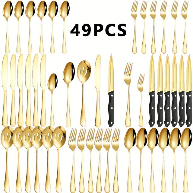 TEMU 49pcs Deluxe Stainless Steel Cutlery Set For 7- Includes Steak Knives, Spoons, Forks, And Serving Utensils - Mirror Polished, Durable, Dishwasher Safe Flatware Set- Holidays And Special Occasions