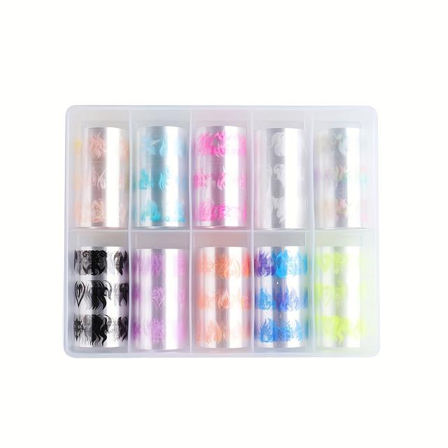 TEMU A Set Of 10 Fluorescent Flame Foil Transfer Stickers For Nail Art, Including Neon Nail Foil Transfer Sheets And Packaging For Foil Nail Designs