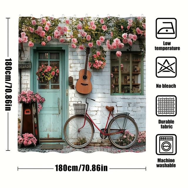 TEMU 빈티지 러스틱 코티지 도어 플로럴 욕실 커튼, 기타와 자전거가 있는 향수를 자아내는 목가적 장면, 후크가 있는 욕실 장식, 기계 세탁 가능한 폴리에스테르 원단, 모든 계절에 사용할 수 있는 그로밋 상단 액세서리