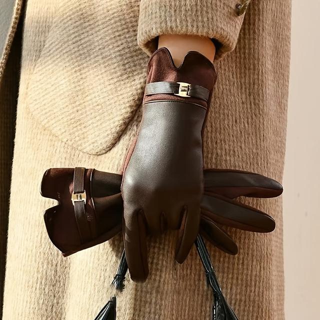 TEMU Women's Pu Gloves, Winter Warm With Thick Lining, Suitable For Cold Driving And Outdoor Cycling, Touchscreen Gloves