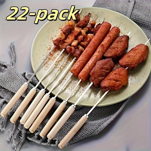 TEMU 22개 야외 BBQ 나무 손잡이 납작 꼬치 스테인리스 스틸, 치킨 윙, 그릴 육류, 야채, BBQ 그릴 추가에 적합