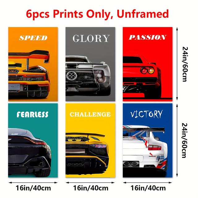 TEMU 2D Flach, 2D Flach, 6 Motivations-Autoposter, Super-Auto-Poster-Kunstdrucke, Vintage--Wandkunst, Rahmenlose Dekoration, für Büro, Zuhause, Ästhetik, Schlafzimmer, Wohnzimmer-Wanddekoration