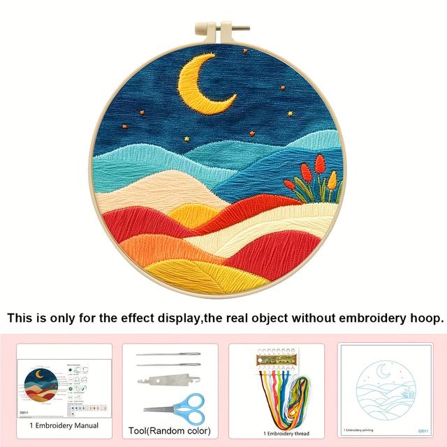 TEMU 1pc Mountain And Moon Embroidery Kit, Includes Tools Such As Thread, Scissors, And Needle With Mountain And Moon Patterns And Instructions, Suitable For Beginner Hand Embroidery