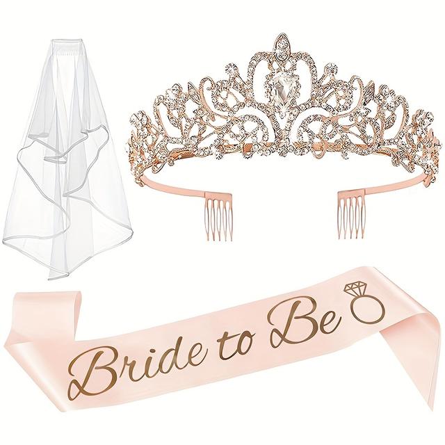 TEMU 3 stuks Enkel Feestdecoratie Bruidsdouche Kroon, Bruidsriem en Sluier Bachelorette Cadeaus voor Dames, Bachelorette Benodigdheden (Roségoud) voor Halloween, Kerstfeest & Partijbenodigdheden