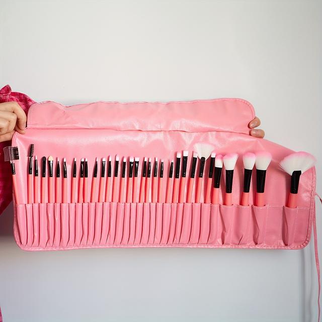 TEMU 32pcs Set Of High-quality Synthetic Makeup Brushes For Cosmetics, Including Foundation, Blending, Blush, Eyeliner, And Face Powder Brushes, All In A Pink Makeup Brush Kit