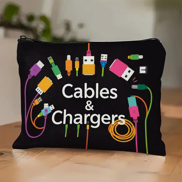 TEMU Cables & Organizer Pouch - Black With Colorful , Durable Fabric Travel Case For Power Banks, Cables & Electronics Accessories - Unisex Tech Gift For , Cable Organizer Bag