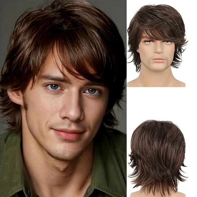 TEMU Men's Short Brown Layered Fluffy Synthetic Hair Wig, Heat-resistant, Perfect For Halloween Cosplay, Includes Wig .
