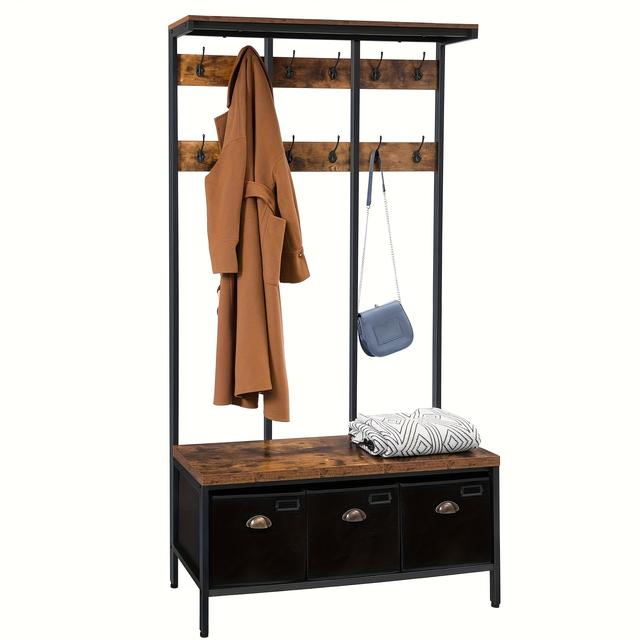 TEMU Large Coat Rack, Multifunctional Clothes Hanger With 12 Hooks, Shoe Bench With 3 Storage Boxes, Sturdy And Durable, Suitable For Entryway, Living Room And Bedroom, Industrial Style