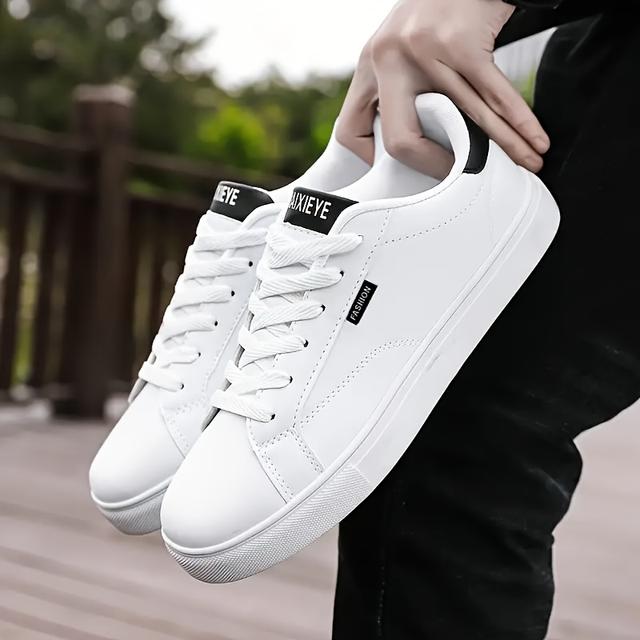 TEMU Men's Stylish White Skate Sneakers - Comfortable Lace-up Low-top Casual Shoes With , Spring And Summer Outdoor Activities, Campus , And Street Style, Classic Round Toe | Fabric Lined Interior