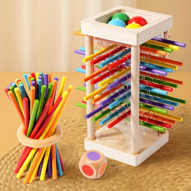 TEMU 3-6 Years Old Wooden Peg Board Game, Parent-child Interactive 3 Ways To Play: 1 Drawing Box With 30 6 Colors, 1 Ring Holder And 1 Dice For 4 Different Color Toys