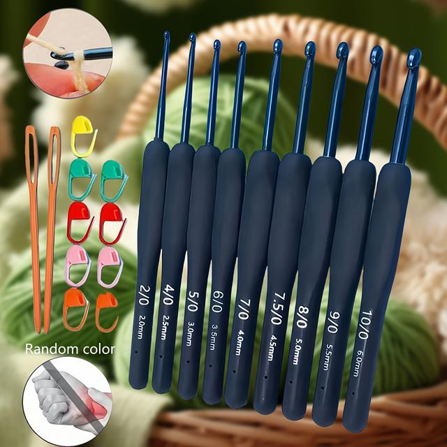 TEMU 9pcs 14cm Beginner Crochet Tool Set, Wool Knitting Bag With Stainless Steel Hooks And Needles, Includes Multiple Sizes & Accessories