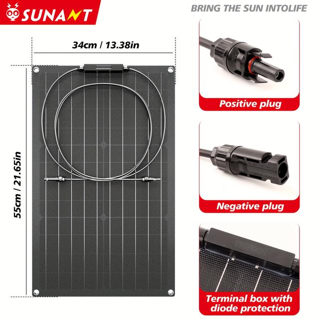TEMU Sunant 1pc Panneau Solaire 50W, Panneau Solaire Flexible, Tension 18V, avec Connecteur MC4, Chargeur Portable Adapté pour - en , Camping, Voyage
