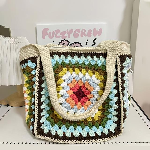 TEMU Granny Square Hand-crocheted Diy Handbag, Tote Bag, Shoulder Bag
