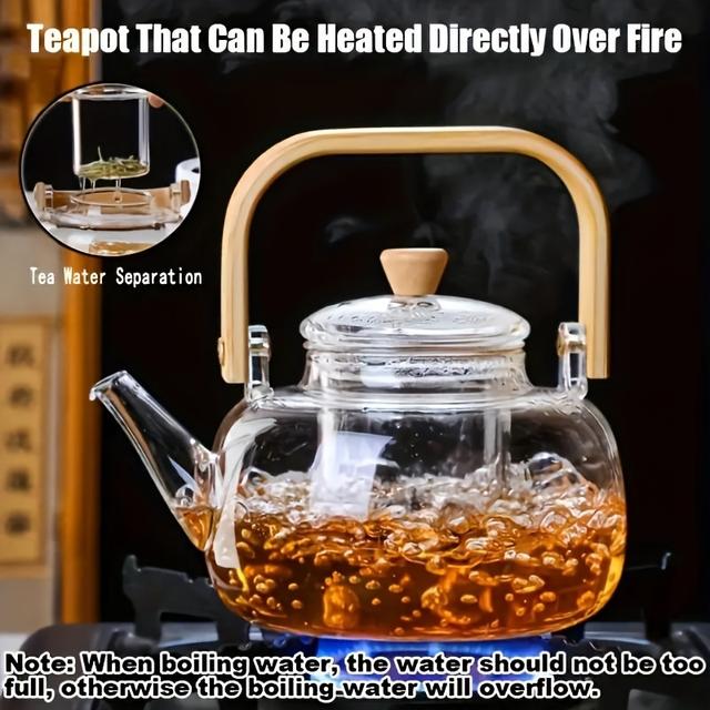 TEMU Elegant Bamboo Handle Teapot With Glass Lid - Ideal For Loose Leaf Tea, Home Or Office Use, Office Tea Accessory | Bamboo Handle Teapot | Durable Glass Teapot