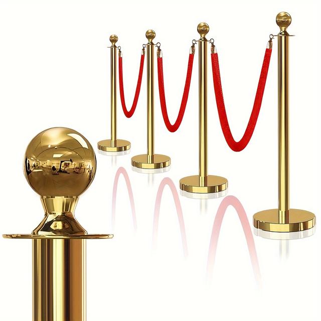 TEMU 4pcs 37in Golden Stanchions Posts With Ball Top + 3pcs 5ft Red Velvet Ropes, Ideal Barriers For Red Carpet, Wedding, Exhibition & Party Supplies - Stanchions And Velvet Ropes Set