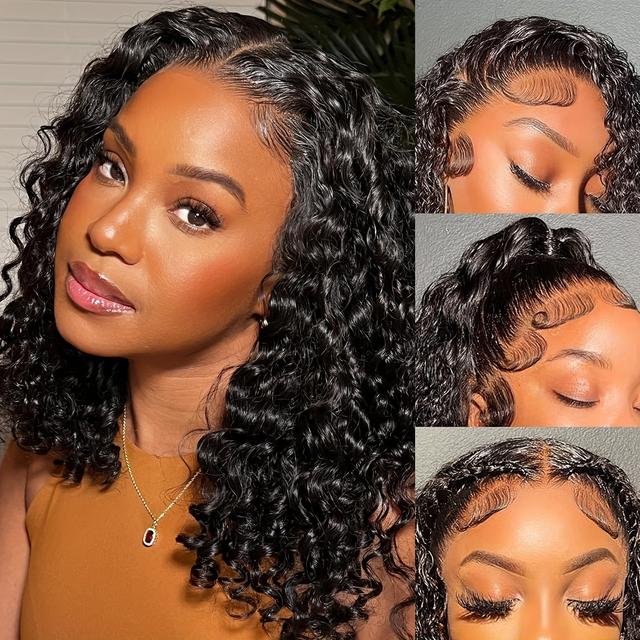 TEMU 180% Density Deep Wave Bob Wig Human Hair 13x4 Hd Lace Front Wig Pre-plucked Glueless Short Curly Wig For - Natural Look & , Stylish Hair Accessory