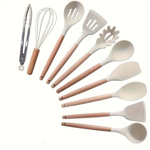 TEMU Set Of 10pcs, Silicone Cooking S, Kitchen Set, Safe Cooking Utensils, Cooking S With Wooden Handles, Washable Contemporary Cookware, Kitchen Items, Kitchen S, Essential Kitchen Additions