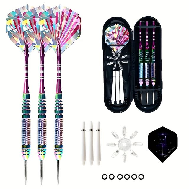 TEMU 3pcs Hard Dart Set With 23g Steel Tip Colorful Darts, Includes Extra 3 Plastic Replacement Shafts + 6 Rubber Rings & 1 Dart Wing Protector, Purple/blue