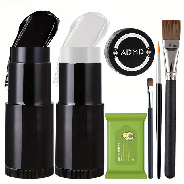 TEMU مجموعة طلاء وجه وجسم احترافية بالأبيض والأسود مع فرشاة - عالية الصبغة، مجموعة مكياج قابلة للغسل للهالوين، المهرجين، الزومبي، تأثيرات الكوسبلاي