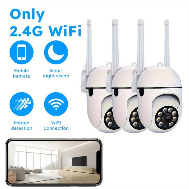 TEMU 3pcs Wifi Security Camera, Ease , 1080p Hd, Color Night Vision, 2-way Audio, 360 Pan/tilt/, Motion Tracking & Detection For , Spotlight & Siren Wired