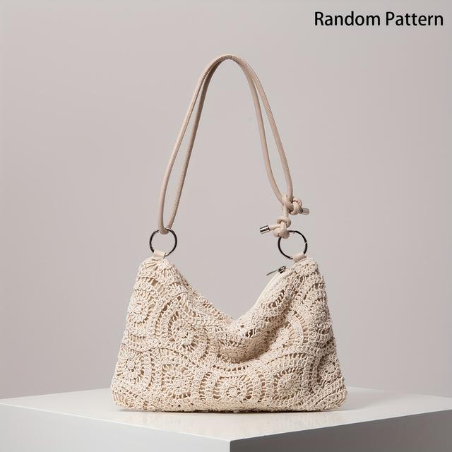 TEMU حقيبة كتف نسائية، حقيبة منسوجة مجوفة بنقشة، حقيبة شاطئ بوهيمية، محفظة سهرة أنيقة، إكسسوار زفاف، محفظة قش كاجوال للعطلات، حقيبة يد بإبزيم دائري معدني (تصميمات قد تختلف)