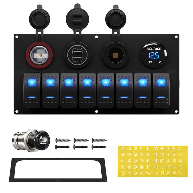 TEMU Marine Boat Switch Panel 8 Gang 12v Rocker Switch Panel Blue Led Lighted For Automotive Car Truck, Without Battery