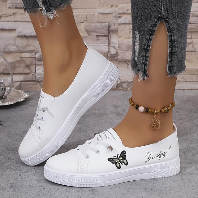 TEMU Damskie Sneakersy z Haftem Motyla – , Miękkie, Niskie Kapcie z Zapięciem na Rzep, Okrągłym Noskiem i Podeszwą Idealne do Chodzenia, Casualowe Buty, Płaskie Obuwie do Prania Ręcznego