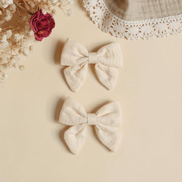 TEMU 2pcs Beige Plaid Embroidered Bow Hair Clips With Decor, Cute Bangs Accessories For Girls - Stylish Hairpins For Parties, Daily Wear & Photography, Various Patterns