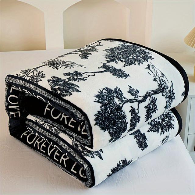 TEMU 1pc Floral Fleece Blanket - 100% Polyester Flannel, 200-250gsm Soft Throw For Bed, Couch & Home Decor, Machine Washable, Black & White Botanical Pattern