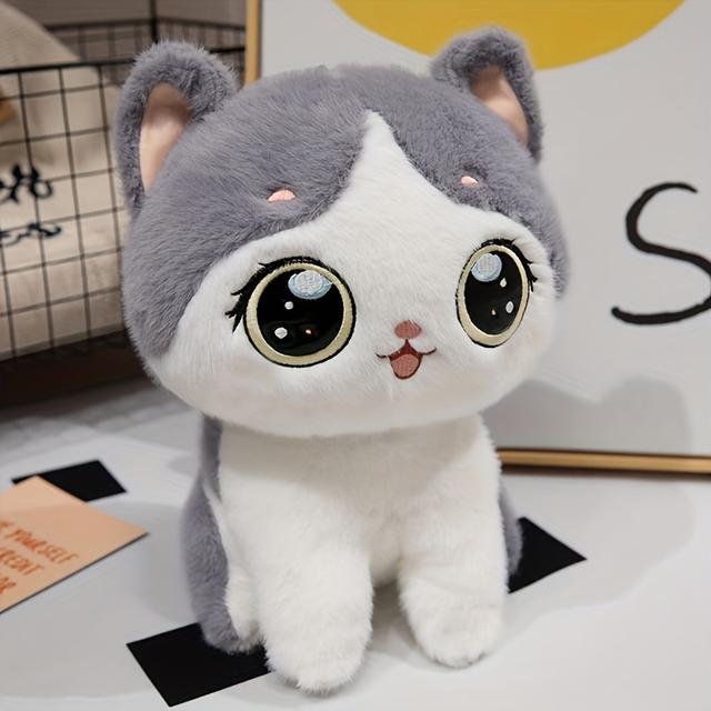 TEMU Adorable Kawaii Cat Plush Toy - Soft, Fluffy Stuffed Gray/black - Home & Sofa Decor, Ideal Birthday Or Holiday Gift