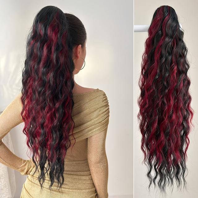 TEMU Przedłużenie Włosów z Klipsem i Sznurkiem – 28 Cali, Długie Fale, Syntetyczne, Wino Czerwone