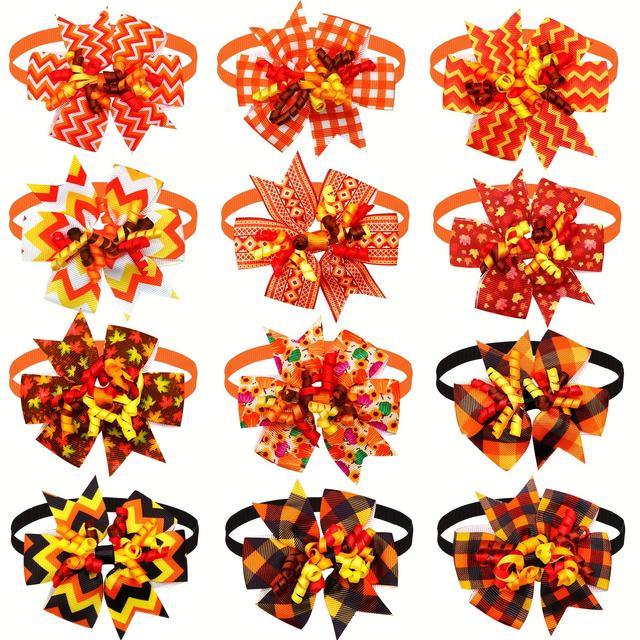 TEMU 10pcs Adjustable Thanksgiving Pet Bow Ties - Festive Hexagon & Stripe Patterns With Autumn Leaves, Flowers & - Grooming And , Bow Ties For Dogs