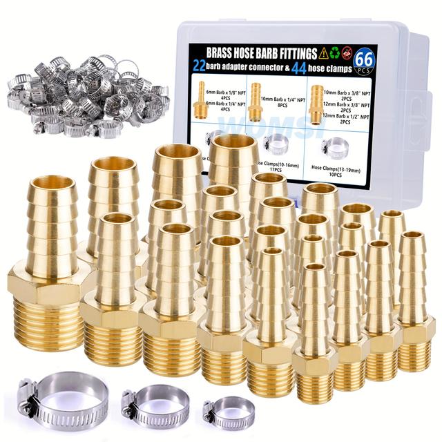 TEMU 66-delige Messing Fitting Set, Inclusief 22 Elleboog Adapter Connectoren en 44 Slangklemmen, Geschikt voor Water, Lucht, Tuin en Andere Toepassingen