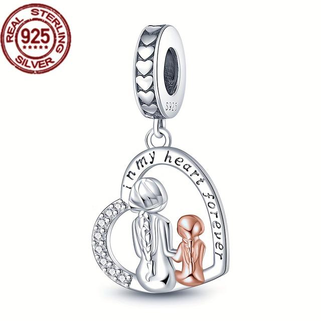 TEMU Authentic S925 Sterling Silver Thanksgiving Day Love Mother Daughter Pendant Suitable For Diy Women's Bracelets, Necklaces, Beads, Fashion Jewelry, Holiday Gifts, Engagement Gifts, Weight 2 Grams