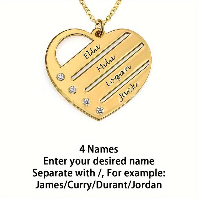 TEMU Vintage 18k Golden Plated Heart Pendant Necklace With Customizable Names, Stainless Steel Chain, Synthetic Cubic Zirconia Accents - Personalized Gift For Family, Suitable For And Holiday