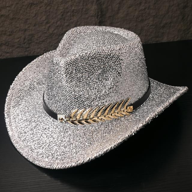 TEMU Five-layer Thickened Paper Box, Laser-shimmering Sequin Cowboy Hat, Golden-plated Feather Accessory, Trendy And Stylish, Western Cowboy Look, Golden And Silvery Dj Prom Costume Party