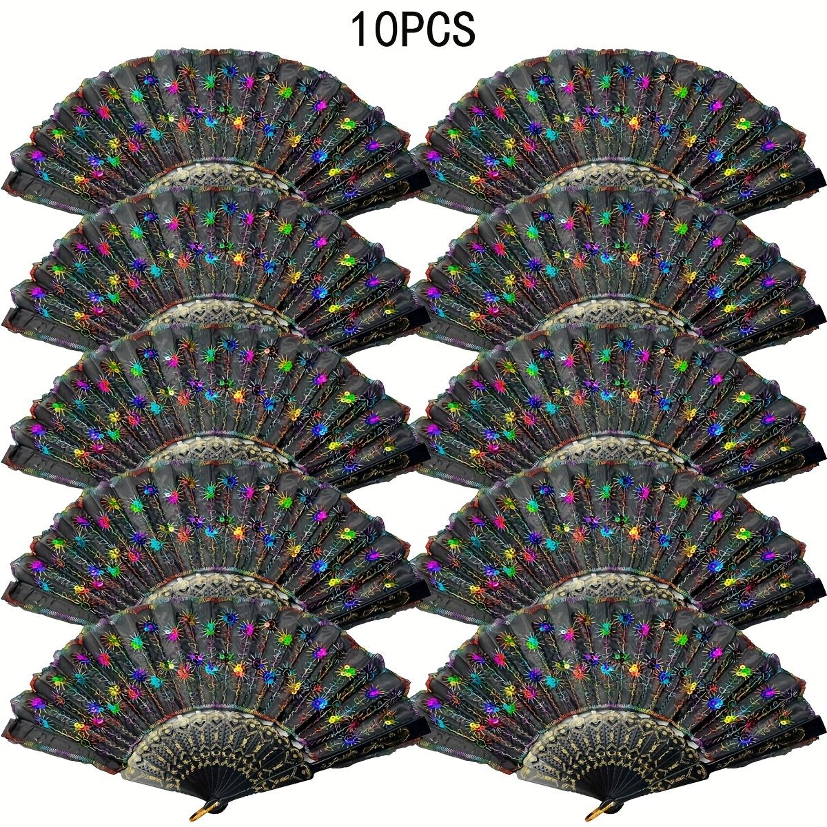 TEMU Juego de 10 Abanicos Plegables Portátiles con Tela de Lentejuelas y Encaje para Baile Flamenco Español y Carnaval