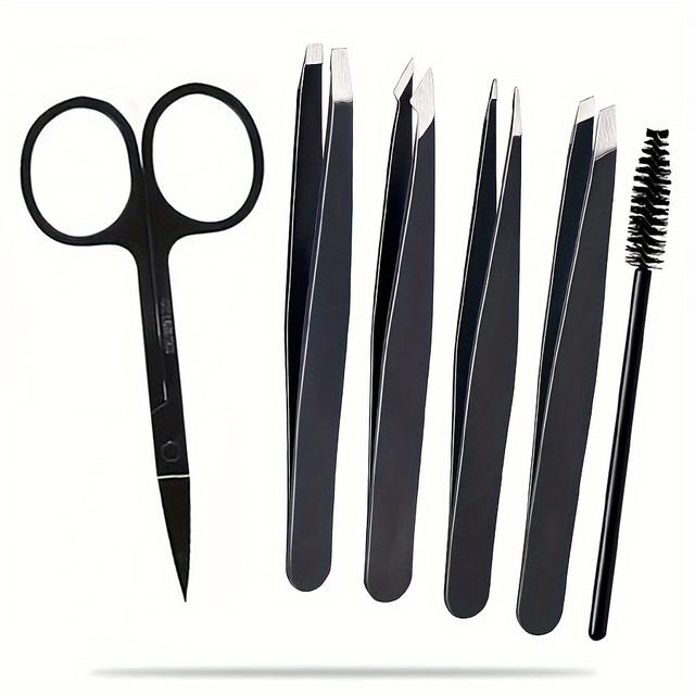 TEMU Set Of 6 Precision Tweezers And Curved Scissors, Stainless Steel Tweezers Designed For Ingrown Hair, Grooming Tools Suitable For Men And Women, With Travel Case
