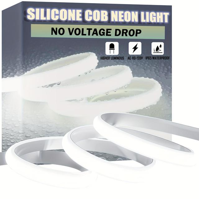 TEMU Ac 110v Cob Led Strip Neon Rope Light Designed For Outdoor Use With Ip65 Waterproof Rating, In 6000k Cool White And 3000k Warm White Options. Led Rope Lights Have A Cri Of 90+
