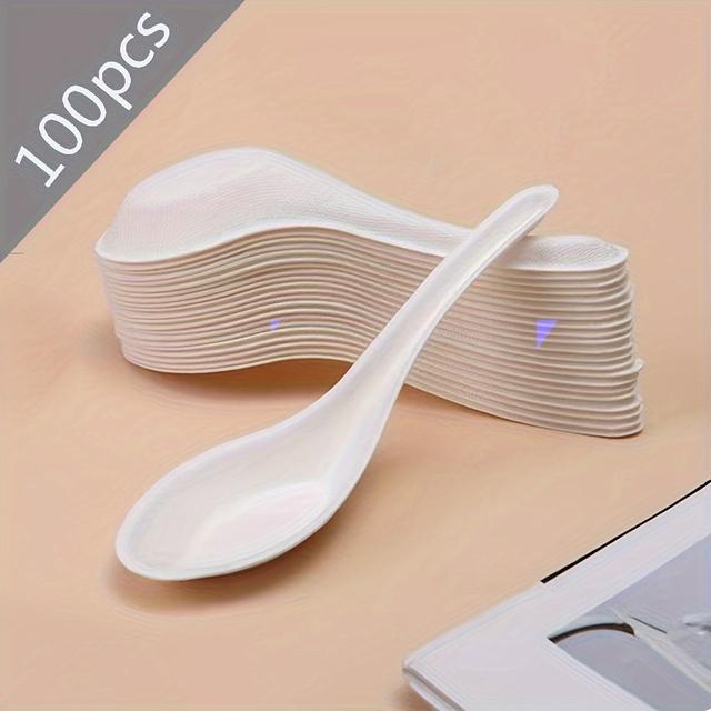 TEMU 100pcs Sugarcane Bagasse Disposable Asian Soup Spoons, Chinese Soup Spoons, 5.6 Inch, White Spoons, For Eating Asian Custard, Pudding, Breakfast Oatmeal Spoons, , Ramen, And Other Soup Spoons