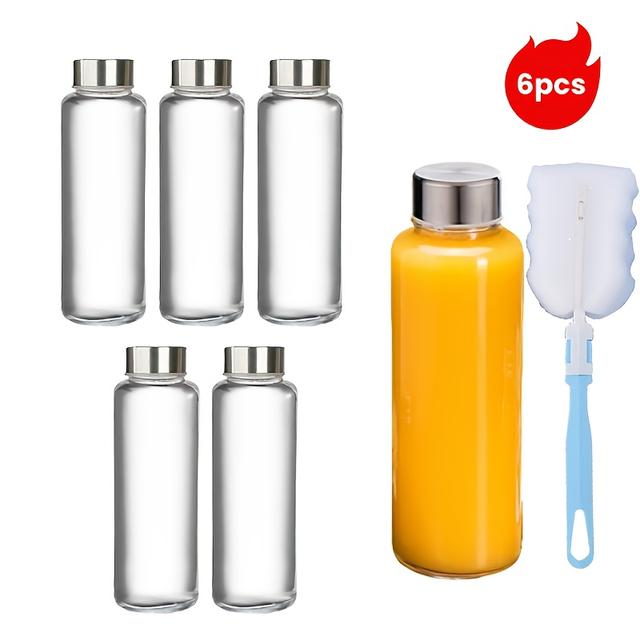 TEMU 6pcs Thickened 9.5oz Glass Leak-proof Sealed Bottles - Portable For Camping, Picnics, Parties, Coffee, , , , Travel Tumblers With Free Cleaning Brush