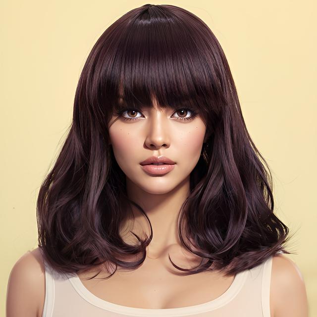 TEMU Short Wavy Shawl Wig With Bangs Brown Synthetic Hair Cute Wig